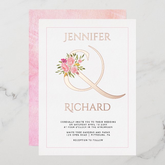 Real rose gold foil ampersand, pink roses wedding  (Front/Back)