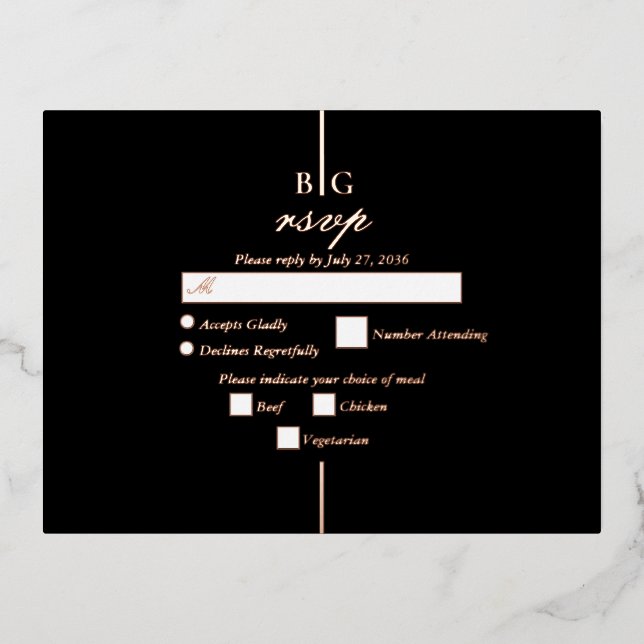 Real Rose Gold Foil Black Monogram Wedding RSVP Foil Invitation Postcard (Front)