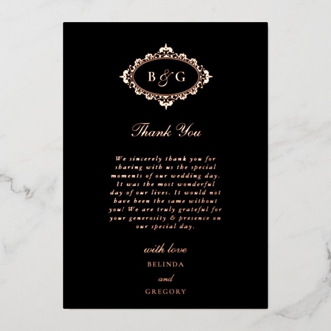 Real Rose Gold Foil Black Wedding Thank You Card (Front)
