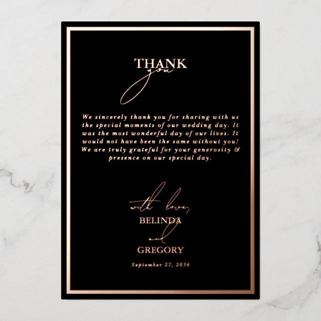 Real Rose Gold Foil Black Wedding Thank You Card (Front)