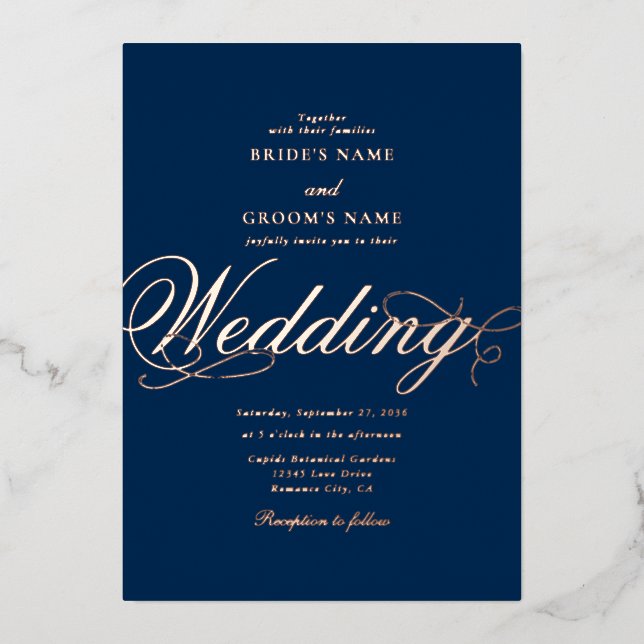 Real Rose Gold Foil Classy Luxury Blue Wedding (Front)