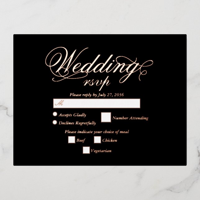 Real Rose Gold Foil Elegant Black Wedding RSVP Foil Invitation Postcard (Front)
