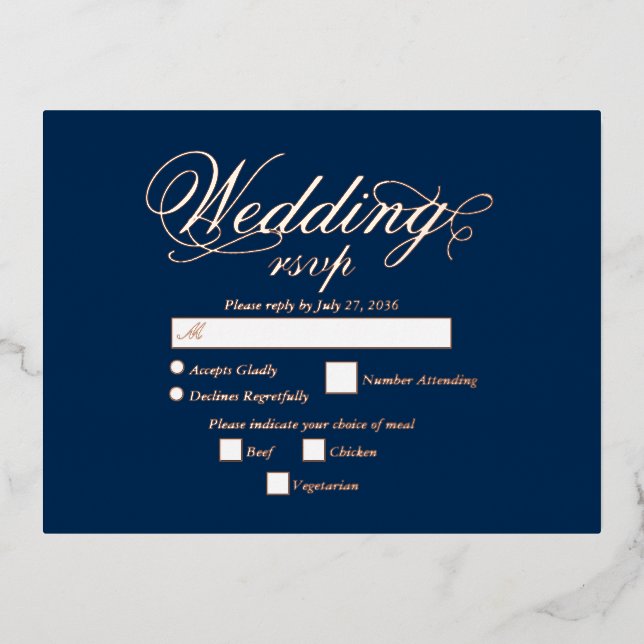 Real Rose Gold Foil Elegant Blue Wedding RSVP Foil Invitation Postcard (Front)