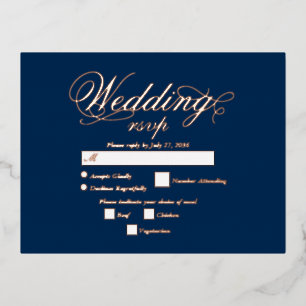 Real Rose Gold Foil Elegant Blue Wedding RSVP Invitation Postcard