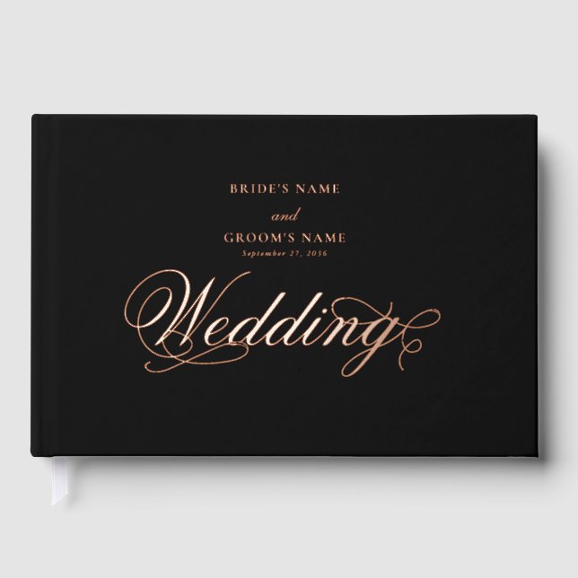 Real Rose Gold Foil Elegant Luxury Black Wedding Guest Book (Front)