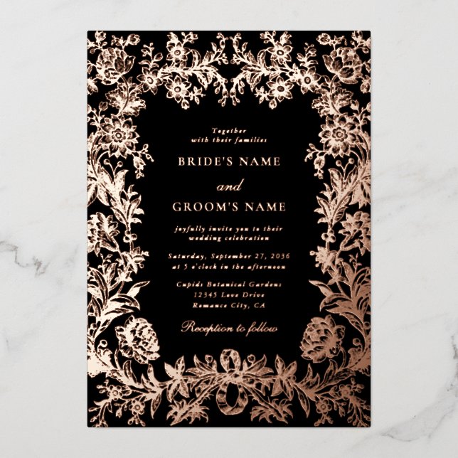 Real Rose Gold Foil Floral Botanical Black Wedding (Front)