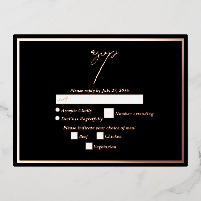 Real Rose Gold Foil Metallic Wedding RSVP Black Foil Invitation Postcard (Front)