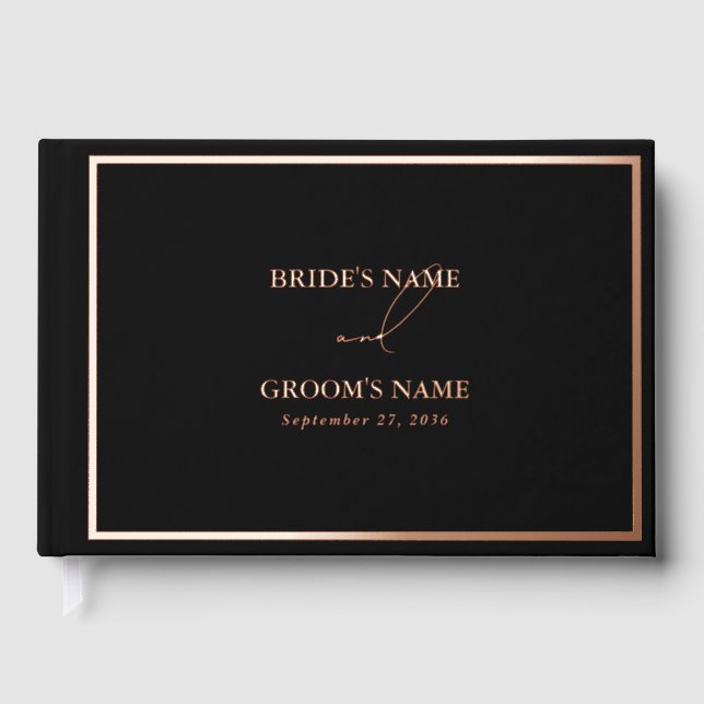 Real Rose Gold Foil Modern Black Wedding Guest Book (Front)