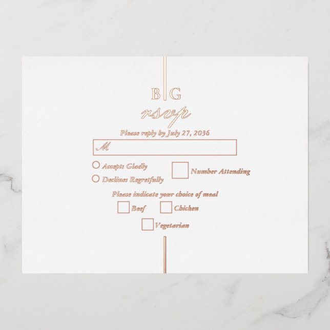 Real Rose Gold Foil Monogram Wedding RSVP Invitation Postcard (Front)