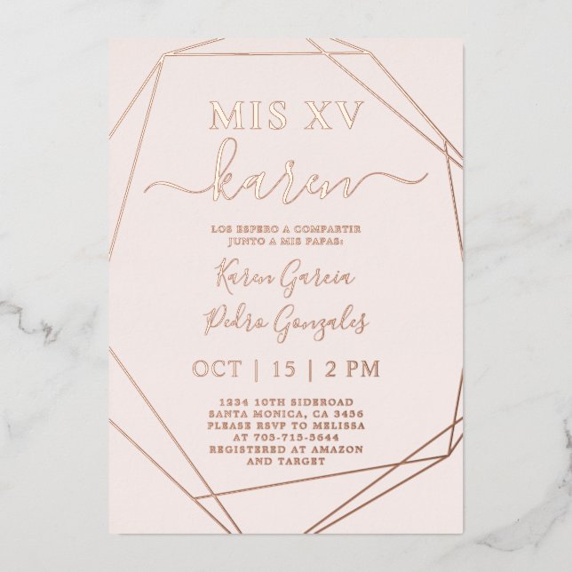 Real Rose Gold Foil Quinceañera Invitation (Front)