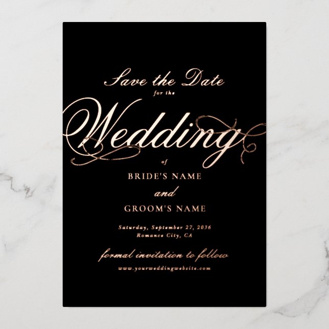 Real Rose Gold Foil Wedding Black Save the Date (Front)
