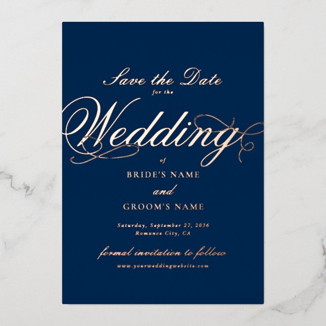Real Rose Gold Foil Wedding Blue Save the Date (Front)