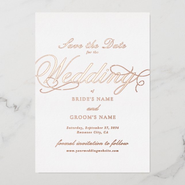 Real Rose Gold Foil Wedding White Save the Date (Front)