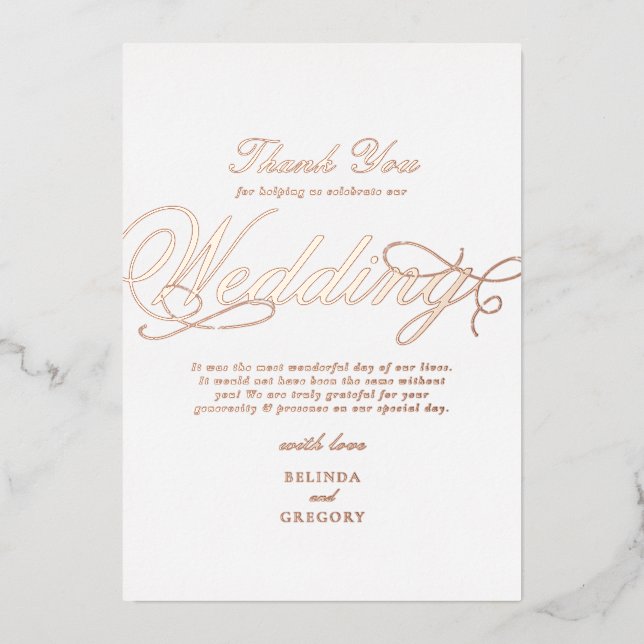 Real Rose Gold Foil White Wedding Thank You (Front)