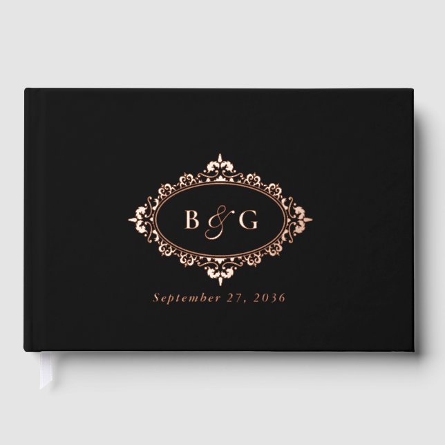 Real Rose Gold Foil Wreath Elegant Black Wedding Guest Book (Front)