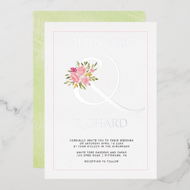 Real silver foil ampersand, roses green wedding (Front/Back)