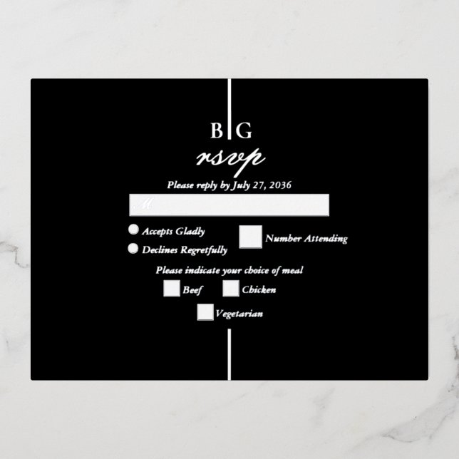 Real Silver Foil Black Monogram Wedding RSVP Foil Invitation Postcard (Front)