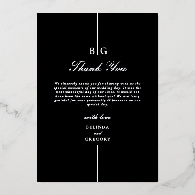 Real Silver Foil Black Monogram Wedding Thank You (Front)