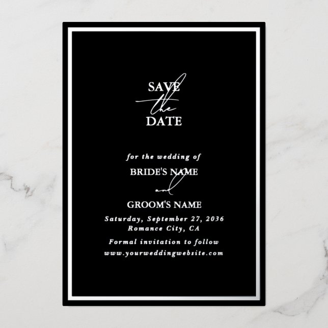 Real Silver Foil Black Wedding Save the Date (Front)