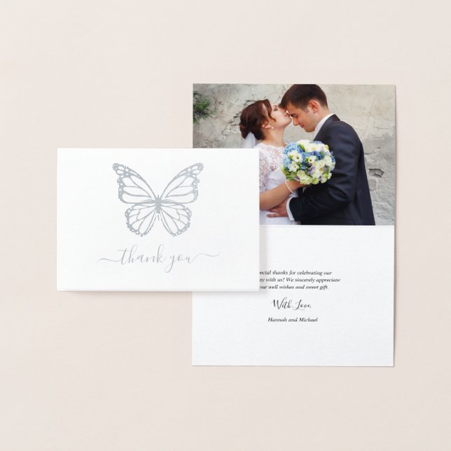 Real Silver Foil Butterfly Photo Wedding Thank You Card (Display)