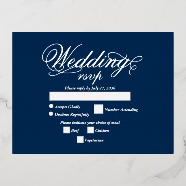 Real Silver Foil Elegant Luxury Blue Wedding RSVP Foil Invitation Postcard (Front)