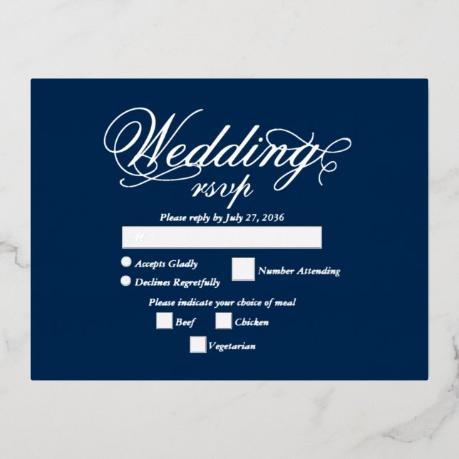 Real Silver Foil Elegant Luxury Blue Wedding RSVP Invitation Postcard (Front)