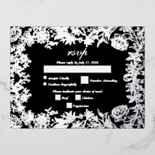 Real Silver Foil Floral Black Wedding RSVP Foil Invitation Postcard