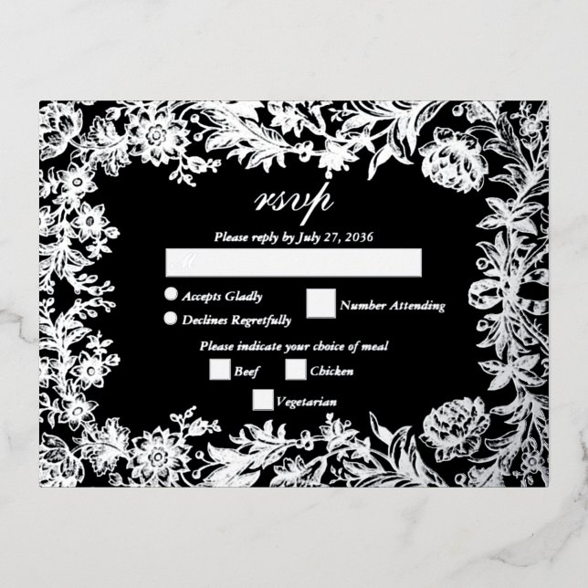Real Silver Foil Floral Black Wedding RSVP Foil Invitation Postcard (Front)