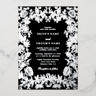 Real Silver Foil Floral Botanical Black Wedding