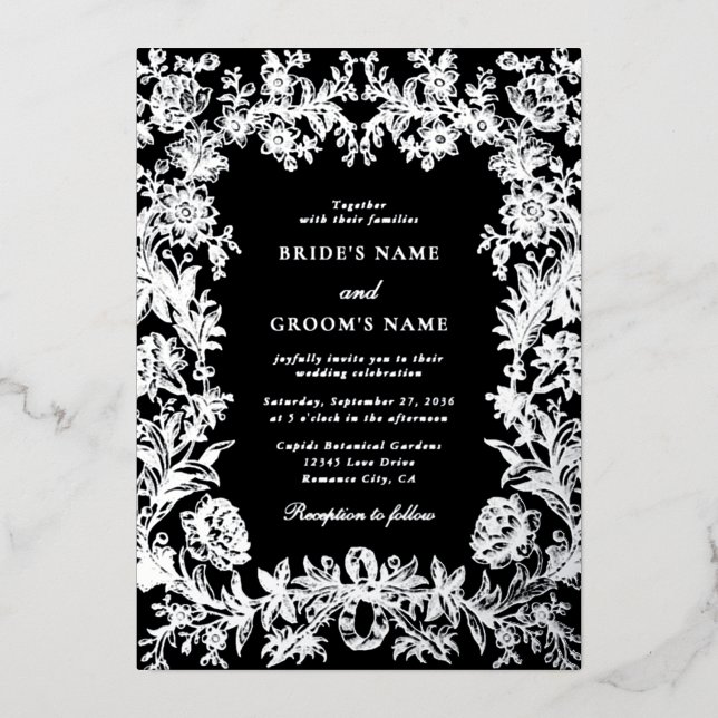 Real Silver Foil Floral Botanical Black Wedding (Front)