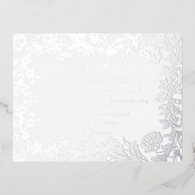 Real Silver Foil Floral Botanical Wedding RSVP Foil Invitation Postcard (Front)