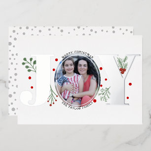 Real silver foil Joy with berries Christmas photo Holiday Card