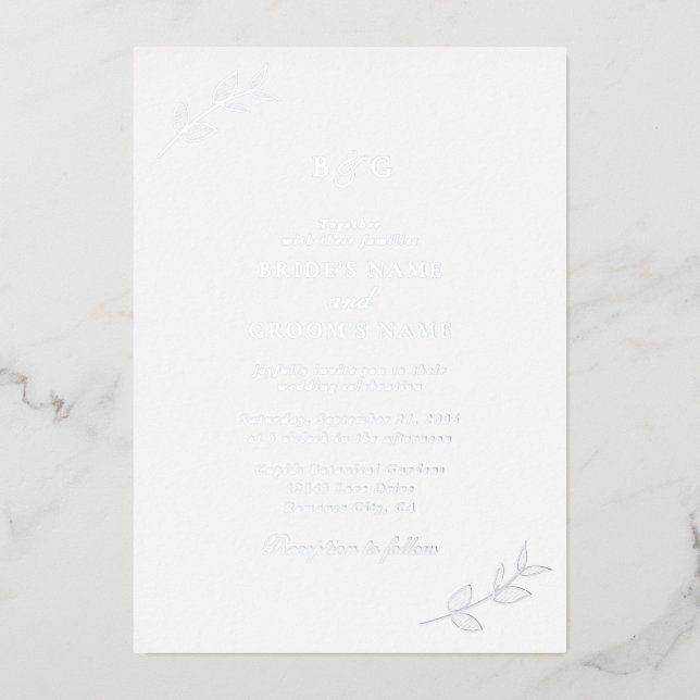Real Silver Foil Leaves Elegant Monogram Wedding (Front)