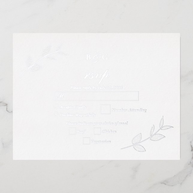 Real Silver Foil Leaves Elegant Wedding RSVP Foil Invitation Postcard (Front)