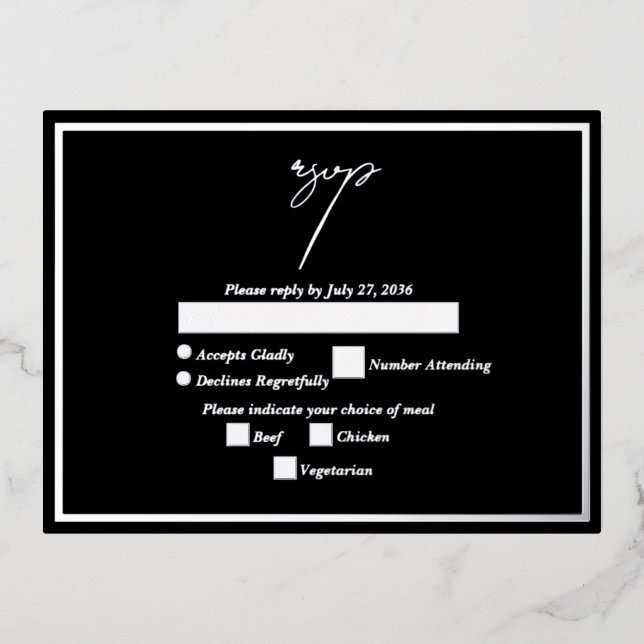 Real Silver Foil Metallic Wedding RSVP Black Foil Invitation Postcard (Front)