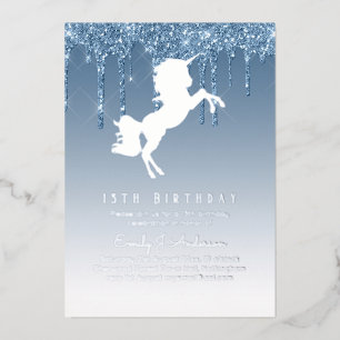 Real Silver Foil Unicorn Girly Birthday (ANY) Blue