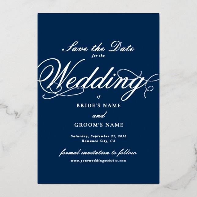 Real Silver Foil Wedding Navy Blue Save the Date (Front)