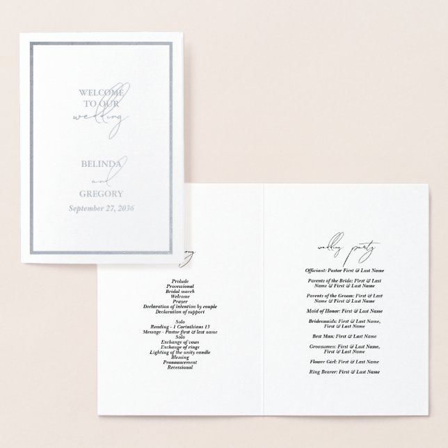 Real Silver Foil Wedding Order of Service Program (Display)