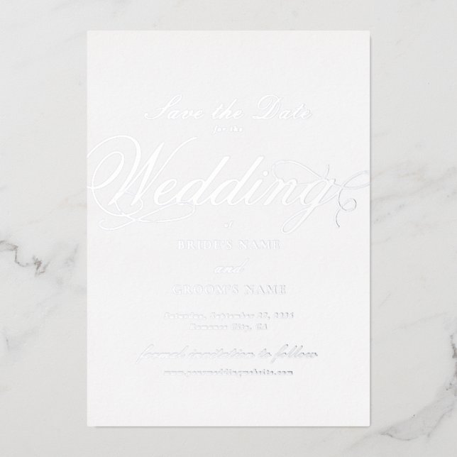 Real Silver Foil Wedding White Save the Date (Front)