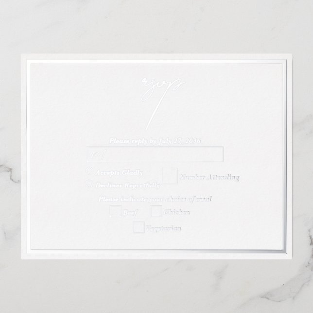 Real Silver Foil White & Silver Wedding RSVP Foil Invitation Postcard (Front)