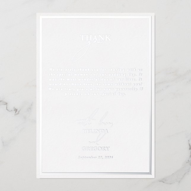 Real Silver Foil White Wedding Thank You Card (Front)