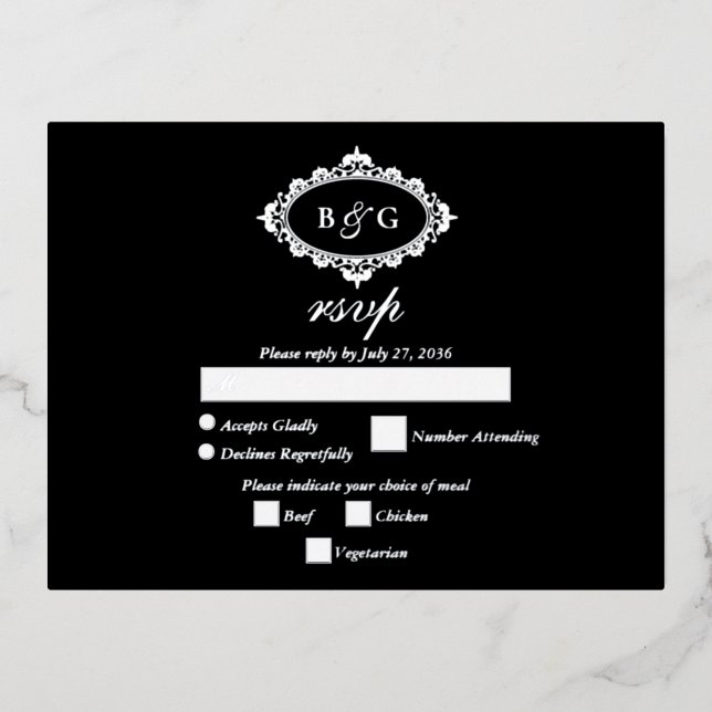 Real Silver Foil Wreath White Wedding RSVP Black Foil Invitation Postcard (Front)