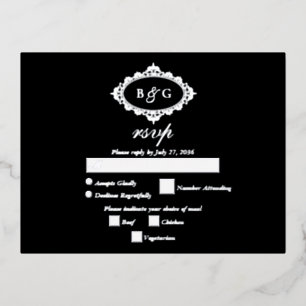 Real Silver Foil Wreath White Wedding RSVP Black Invitation Postcard