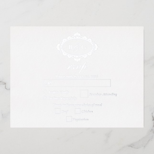 Real Silver Foil Wreath White Wedding RSVP Foil Invitation Postcard (Front)