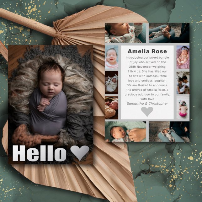 Real Silver Photo Collage Hello Baby Announcement (Creator Uploaded)