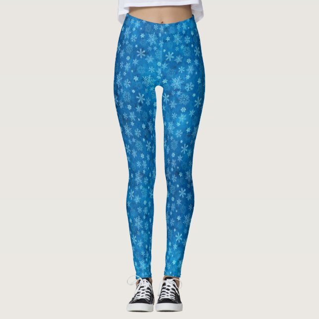 Real Snowflake Blue Watercolor Winter Leggings (Front)