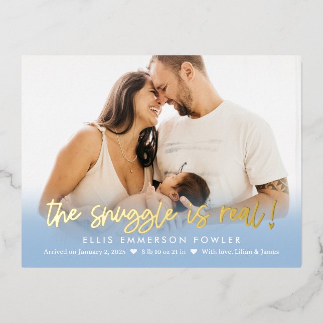 Real Snuggle Foil Baby Birth Announcement Postcard (Front)