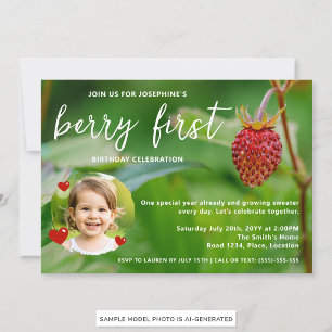 Real Strawberry Photo Custom Berry First Birthday Invitation