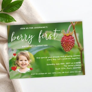 Real Strawberry Photo Custom Berry First Birthday Invitation