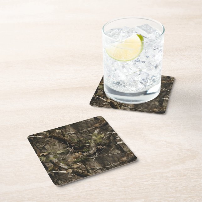 Real Tree Camouflage Square Paper Coaster (Insitu)